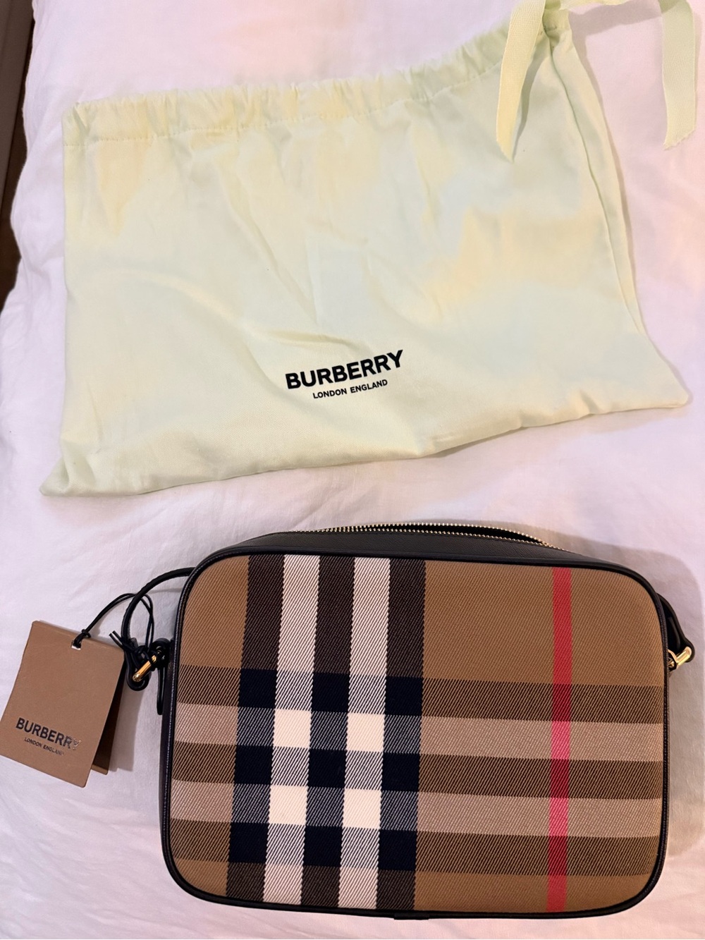 Burberry Tan Vintage Check Messenger Bag with Red Stripe